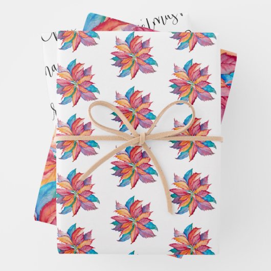 ユニーククリスマスプレゼント水彩ポインセチア ラッピングペーパーシート (インサイチュ)