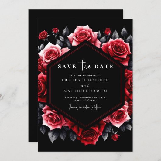 ユニークタイポグラフィクリムゾンレッド結婚ズ セーブザデート (正面/裏面)