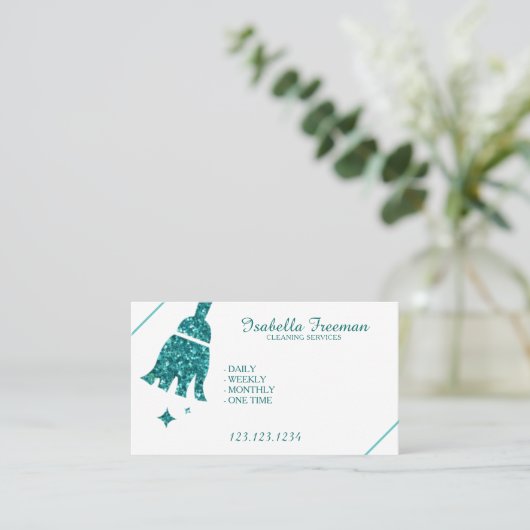 ユニークティール（緑がかった色）グリッターメイドハウスクリーニングサービス  名刺 (スタンド正面)