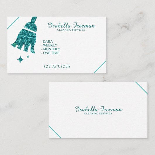ユニークティール（緑がかった色）グリッターメイドハウスクリーニングサービス  名刺 (正面/裏面)
