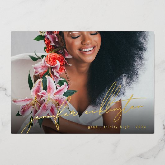 ユニークテンプレート写真実在金ゴールド卒業 箔招待状 (正面)