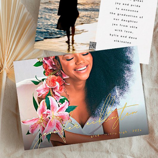 ユニークテンプレート写真実在金ゴールド卒業 箔招待状