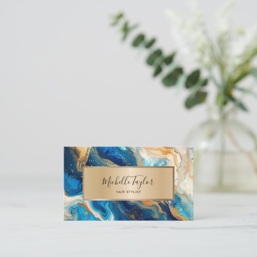 ユニークトレンディーネイビー金ゴールド水彩ソーシャルメディア 名刺 (スタンド正面)