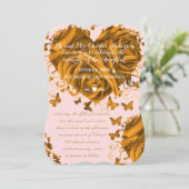 ユニークバラピンク金ゴールドハートとバラ結婚ズ 招待状 (スタンド正面)