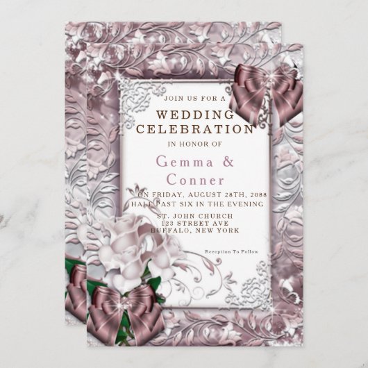 ユニークバラ金ゴールド牡丹結婚フローラ 招待状 (正面/裏面)