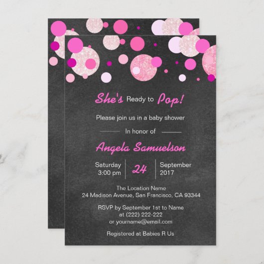 ユニークピンクの黒板のベビーシャワーをぽんと鳴らすために用意して下さい 招待状 (正面/裏面)