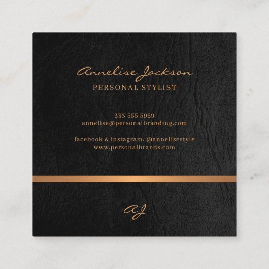 ユニークプロフェッショナルエレガント黒金ゴールドモノグラムの スクエア名刺 (裏面)