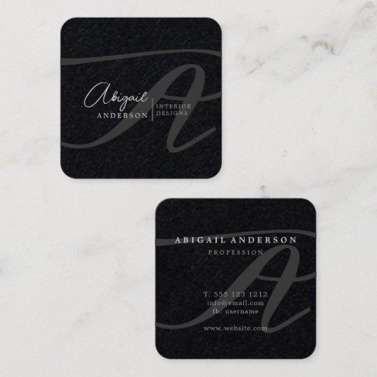 ユニークプロフェッショナルプレミアムブラックモノグラムスクリプト スクエア名刺 (正面/裏面)