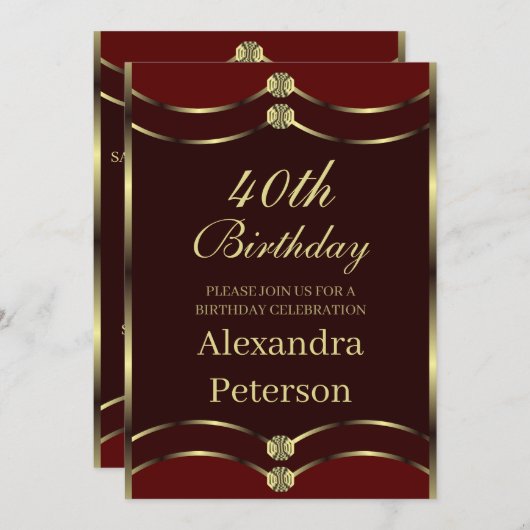 ユニークマルーンレッドと金ゴールド幾何学誕生日 招待状 (正面/裏面)