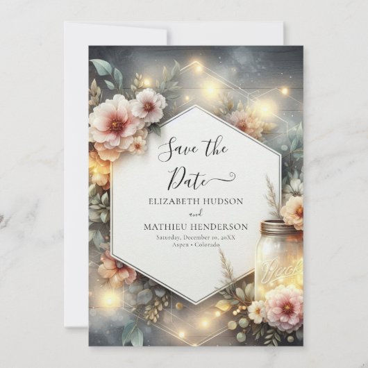 ユニークミニマルメイスン結婚ジャー セーブザデート (正面)