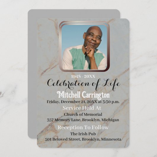 ユニークモダン白大理石の男性記念写真 招待状 (正面/裏面)