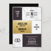 ユニークモダン白黒大理石金ゴールド結婚ズ 招待状 (正面/裏面)