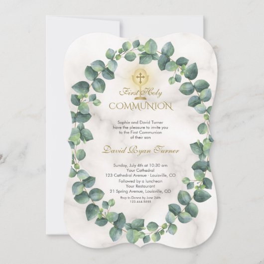 ユニークユーカリリース金ゴールドクロス聖餐式 招待状 (正面)