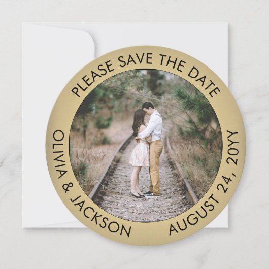 ユニークラウンドフォトブラック＆ゴールドフェイクフォイルウェディング セーブザデート (正面)