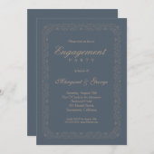 ユニークヴィンテージネイビーブルー婚約パーティ 招待状 (正面/裏面)