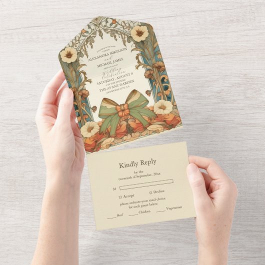 ユニークヴィンテージフローラ結婚アールヌーボー オールインワン招待状 (貼ってはがせる)