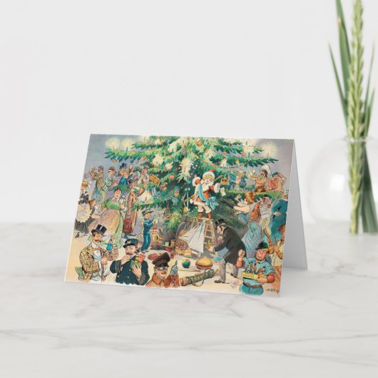 ユニークヴィンテージ人のまわりに木クリスマスカード シーズンカード (正面)