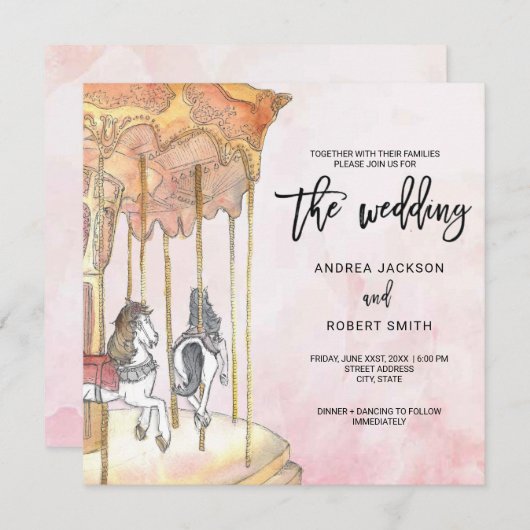 ユニーク回転木馬テーマ結婚式招待状 (正面/裏面)