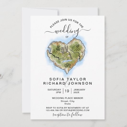 ユニーク図解入りの、写真付きの地ウェディングマップ旅行 招待状 (正面)