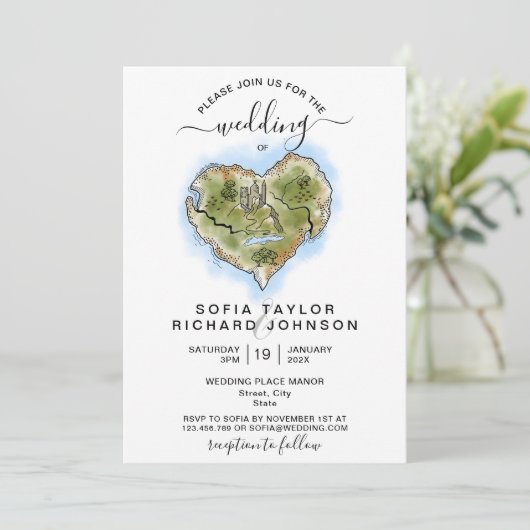 ユニーク図解入りの、写真付きの地ウェディングマップ旅行 招待状 (スタンド正面)