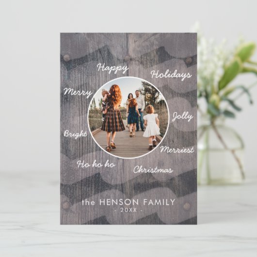 ユニーク木素朴のクリスマスファミリーフォトホリデー シーズンカード (スタンド正面)