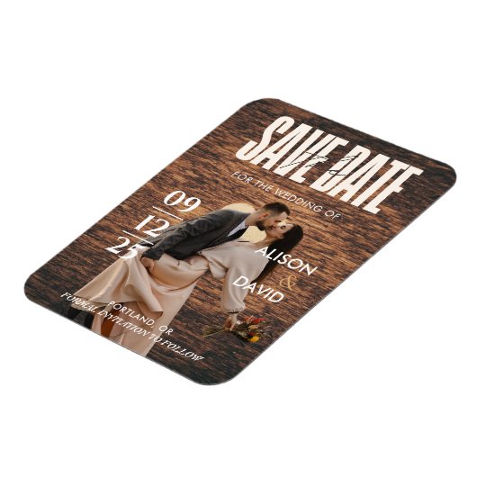 ユニーク木素朴の写真の日付を保存結婚する マグネット (左側)