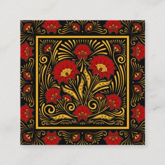 ユニーク植物赤い花と金ゴールドタイポグラフィ スクエア名刺 (正面)