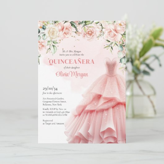 ユニーク水彩赤面フローラフォーマルピンクドレス 招待状 (スタンド正面)