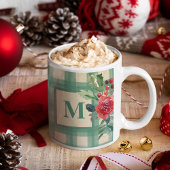 ユニーク水牛の格子模様クリスマス緑モノグラム コーヒーマグカップ