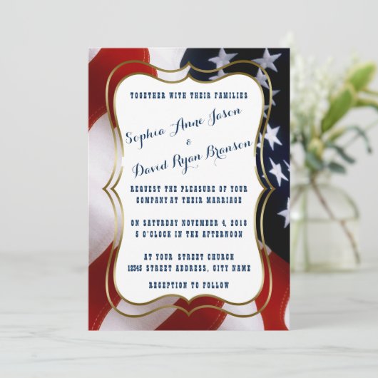 ユニーク米国国旗の金ゴールド結婚のカスタム 招待状 (スタンド正面)