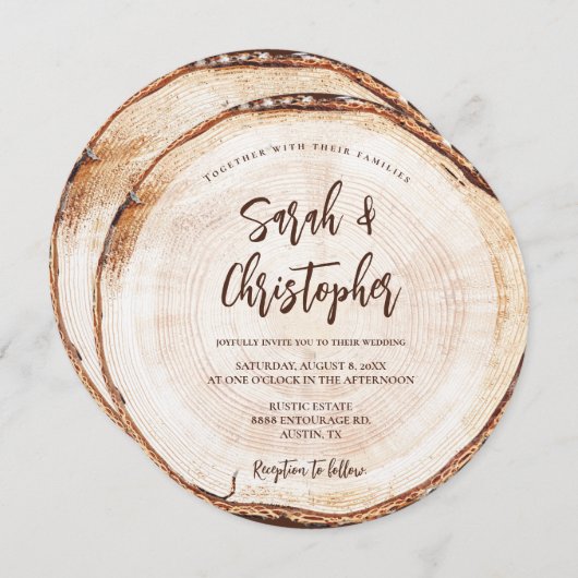 ユニーク素朴結婚木の木目切り 招待状 (正面/裏面)
