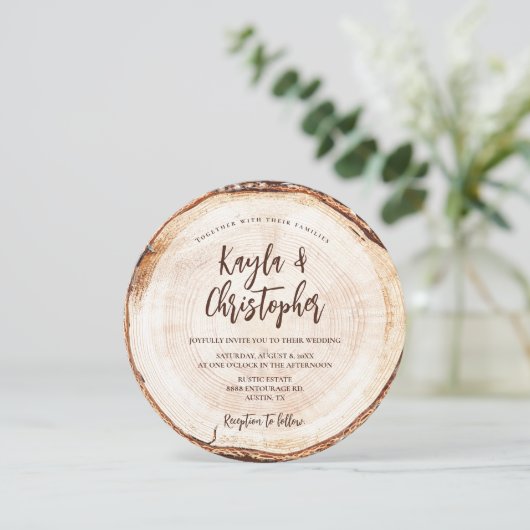 ユニーク素朴結婚木の樹皮カスタム法 招待状 (スタンド正面)