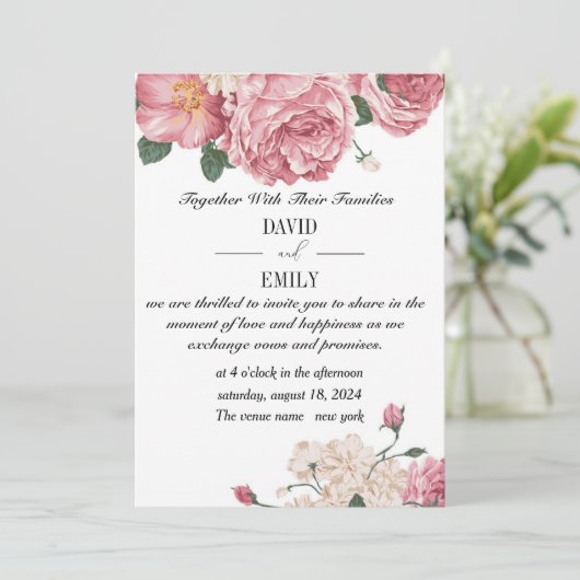 ユニーク結婚式招待状付き赤と白バラ セーブザデート (スタンド正面)