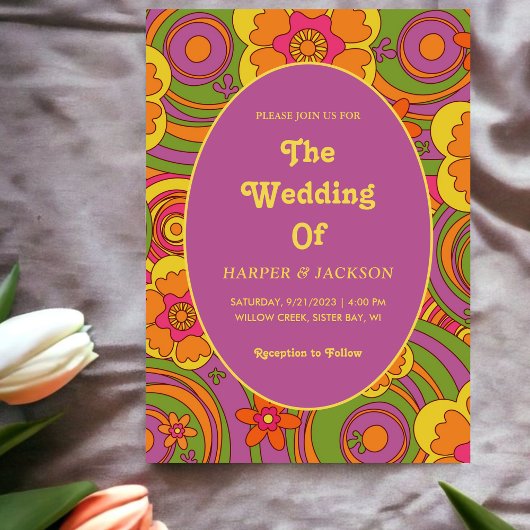 ユニーク色はっきりしたレトロ70sフラワーサマーヒッピー 招待状