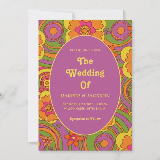 ユニーク色はっきりしたレトロ70sフラワーサマーヒッピー 招待状 (正面)