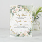 ユニーク赤面ピンクフローラ緑金ゴールドフレームベビー 招待状 (スタンド正面)