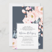 ユニーク赤面&ネイビーウォーターカラーフローラキンセアニラ 招待状 (正面)