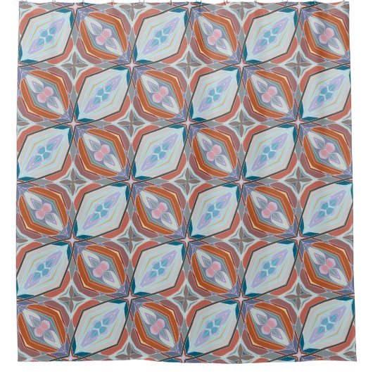 ユニーク錆、ティール（緑がかった色）、ライトブルー&ピンクパターンデザイン シャワーカーテン (正面)