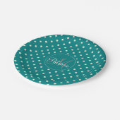 ユニーク&クラシー・モノグラムティール（緑がかった色）とホワイト水玉模様 ペーパープレート (アングル)
