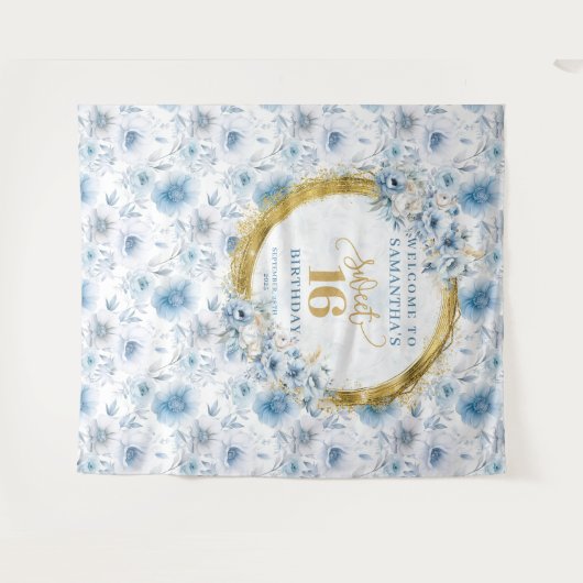 ユニーク ライトブルー スウィート シックスティーン ゴールド グリッター サイン タペストリー (正面(横))