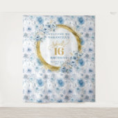 ユニーク ライトブルー スウィート シックスティーン ゴールド グリッター サイン タペストリー (正面)