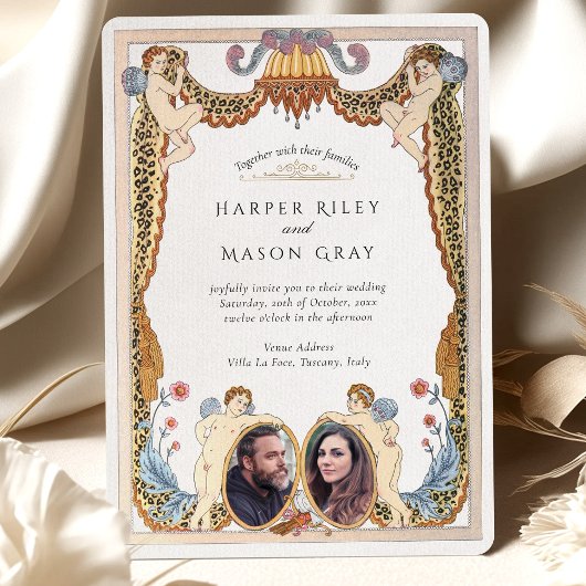 ユニークLeopard Print Cherub Photo結婚's 招待状