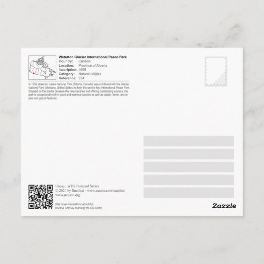 ユネスコ – ウォータートングレイシャ国際的ピースパーク ポストカード (裏面)