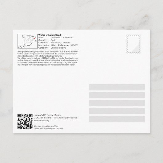 ユネスコWHS – アントニガウディ – カーサミラペドレラ ポストカード (裏面)