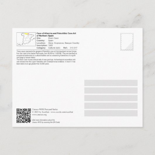 ユネスコWHS – エカイン洞窟/エカインのキュエヴァ ポストカード (裏面)