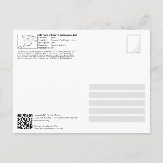 ユネスコWHS – セゴヴィア旧市街とその水道 ポストカード (裏面)