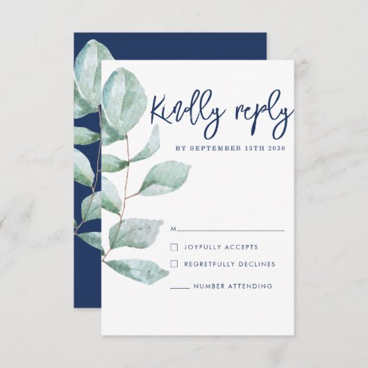 ユミニマルモダンーカリプトゥスネイビーブルーウェディングRSVP 出欠カード (正面/裏面)