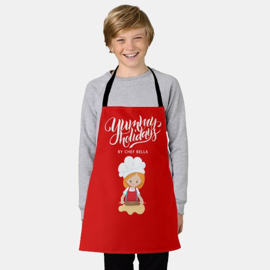 ユミーホリデイズバイシェフ名前をカスタムするガールベーキングレッド エプロン (着用した状態)