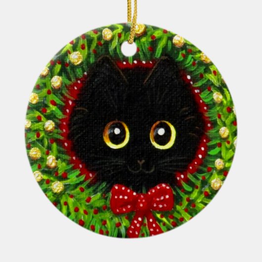 ユモアあふれるクリスマスの黒猫アート クリエーションアーツ セラミックオーナメント (正面)