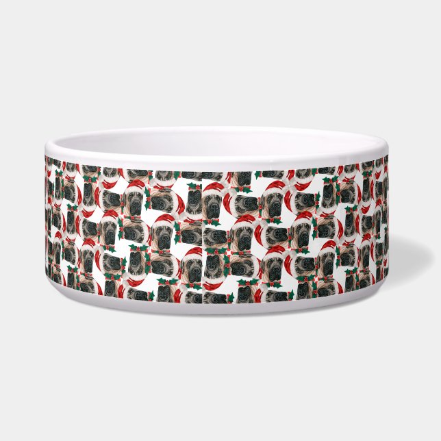 ユモアたっぷりのイングリッシュマスティフのクリスマスパターン ボウル (左)